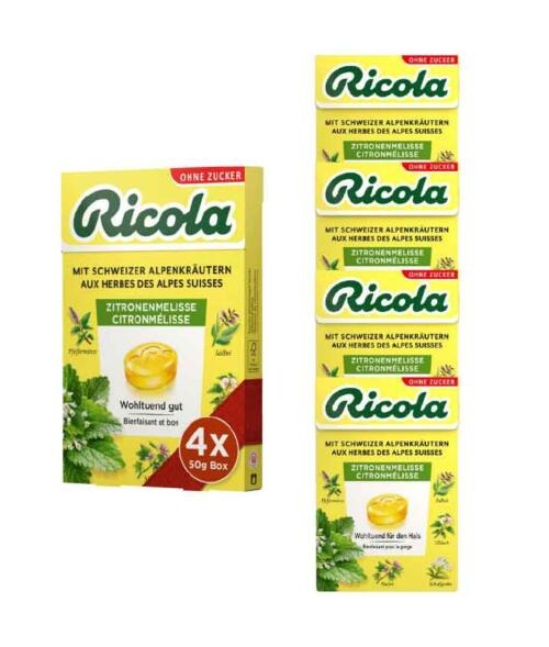Ricola Bonbons Zitronenmelisse ohne Zuckerzusatz Box 4x50g