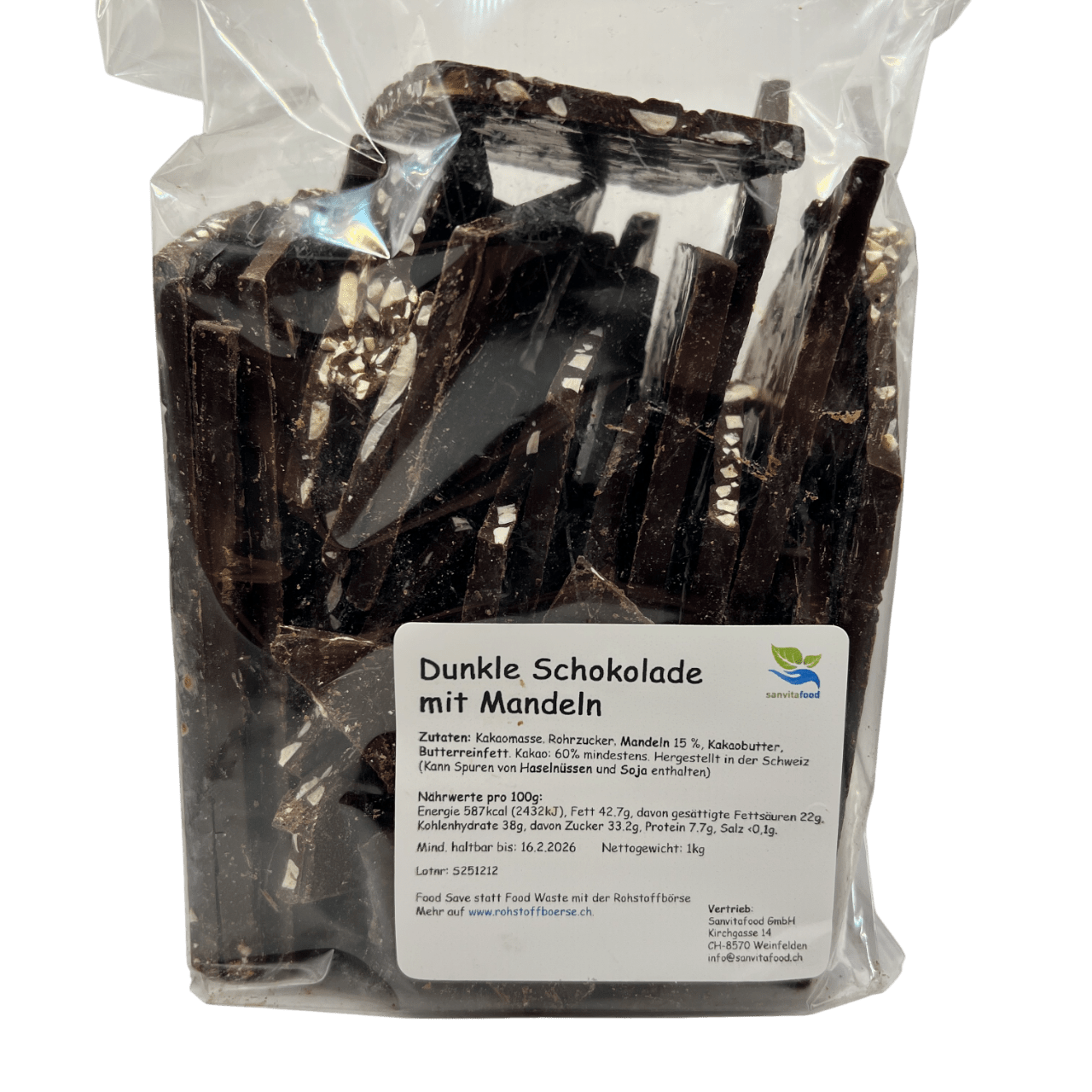 Food Waste bekämpfen - Sanvitafood Bruchschokolade dunkel Mandeln 1kg